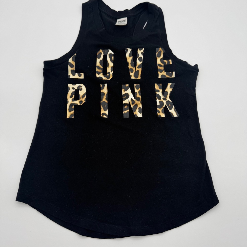 Victorias Secret PINK Tank Top Womens XS Black Leopard Print Love Pink Racerback